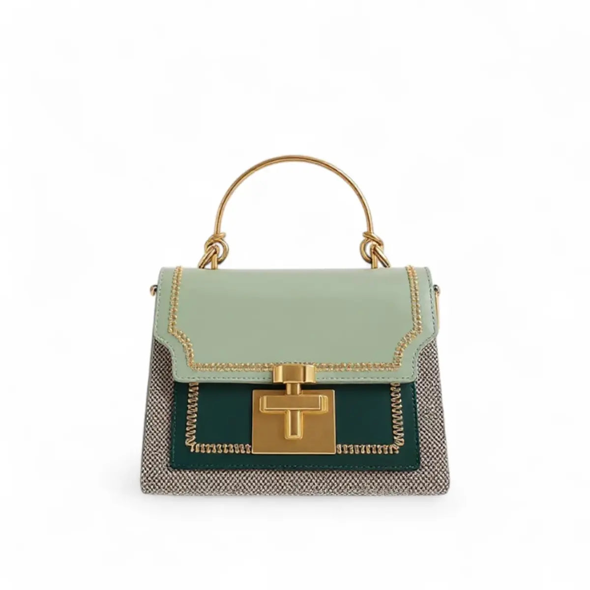 Bolsa Esmeralda Dourada, bolsa feminina pequena transversal verde, bege e preto vista de frente com fechos dourados