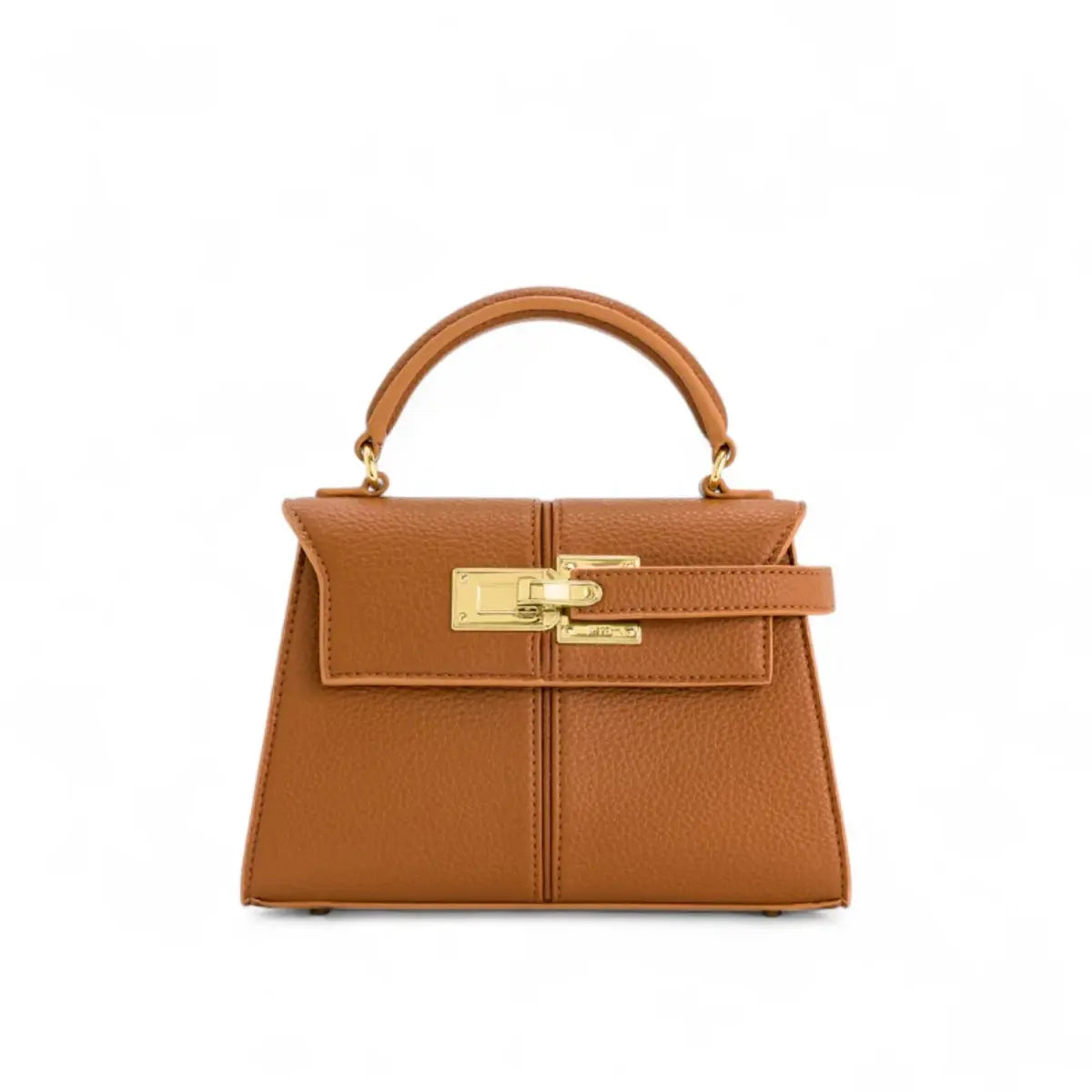 Bolsa feminina estruturada pequena marrom clara, em couro sintético, com fecho metálico dourado