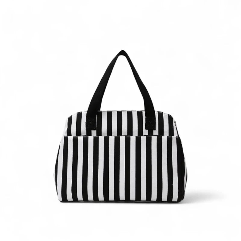 Vista traseira da bolsa feminina para trabalho e maternidade, com design simples e elegante. Ideal para transporte seguro de itens pessoais, documentos e necessidades do bebê.