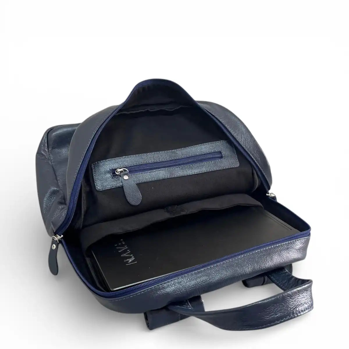 Mochila Couro Legítimo Premium Trabalho - Azul Marinho Unissex