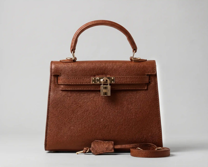 Bolsa Catarina caramelo vista de frente destacando a silhueta clássica e as ferragens douradas
