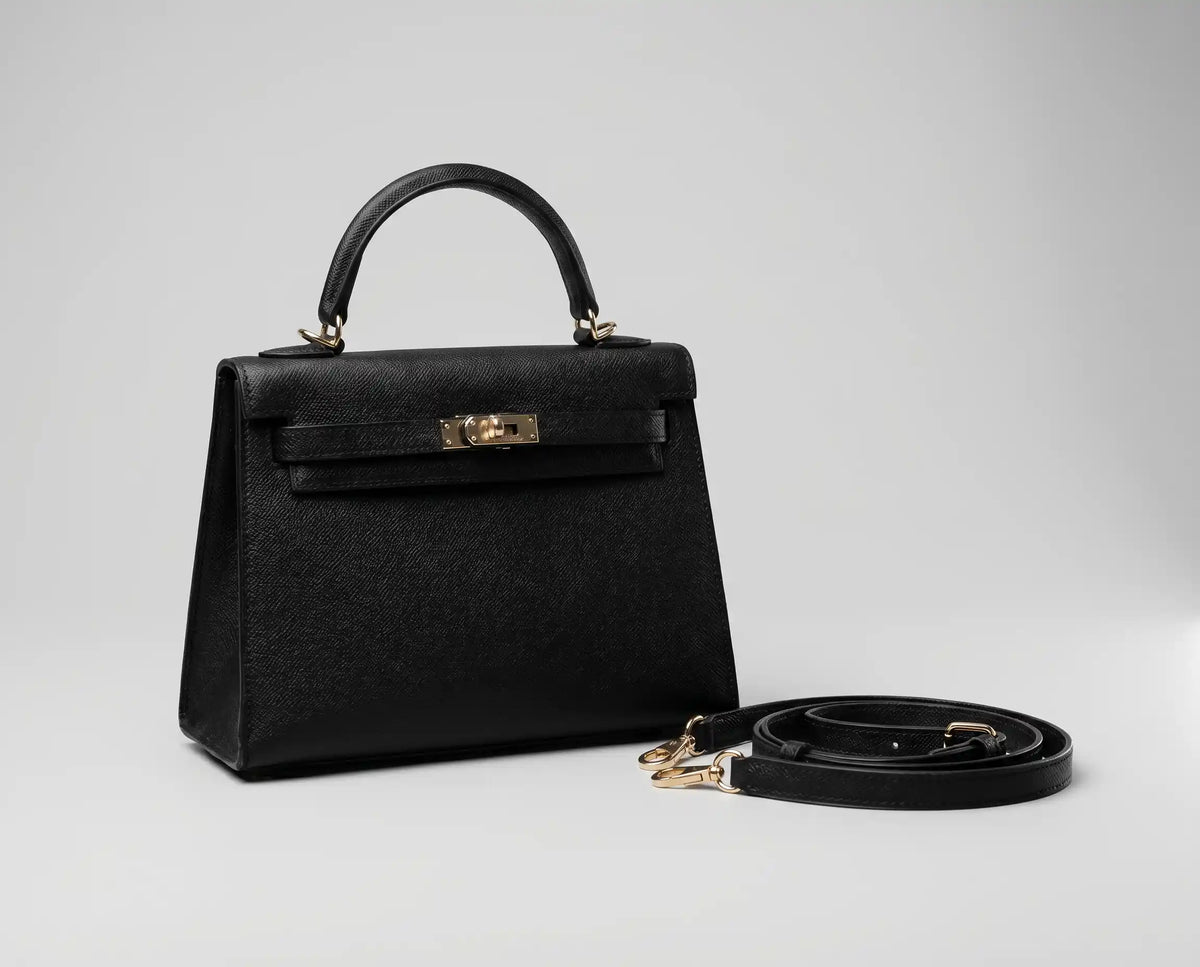 Bolsa Catarina feminina preta estruturada em material sintético com fechamento dourado e alça transversal ao lado