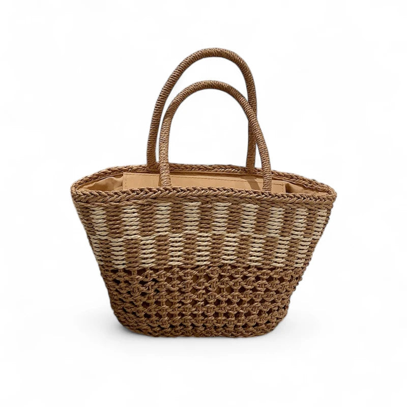 Bolsa de palha feminina Clara – vista frontal, trama em bloco de cores, tamanho médio 25x15x23 cm.