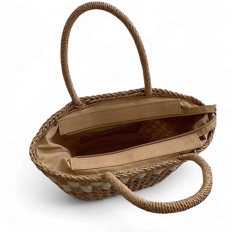 Bolsa de palha feminina Clara multicolorida – vista interna com forro e bolso com zíper, alças de mão.