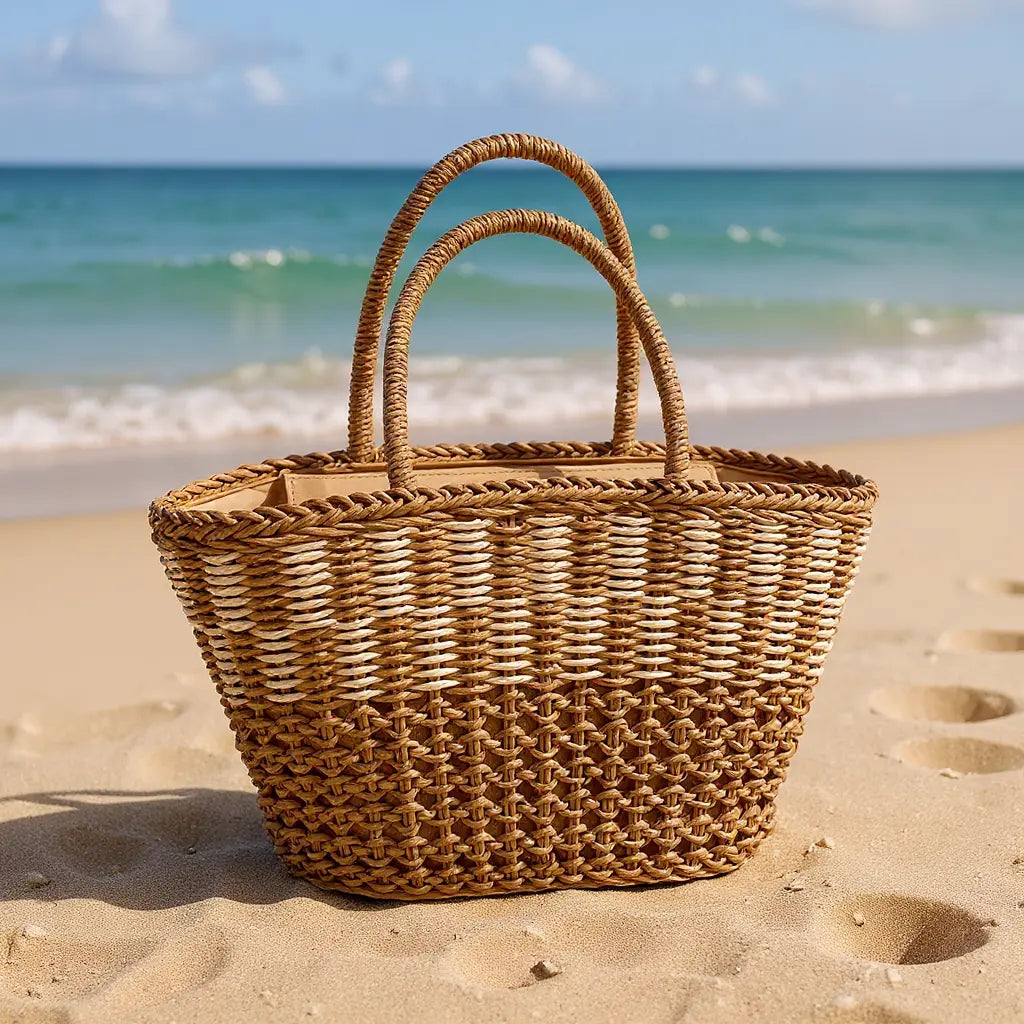 Bolsa de palha feminina Clara posicionada na areia com o mar ao fundo – estilo natural, multicolorida