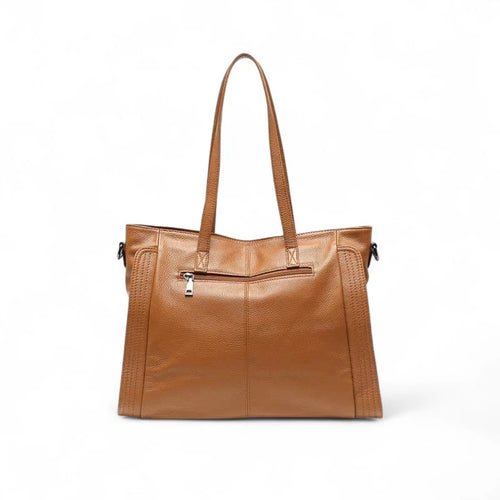 Bolsa feminina Eliana em couro legítimo marrom com bolso traseiro e zíper prático.