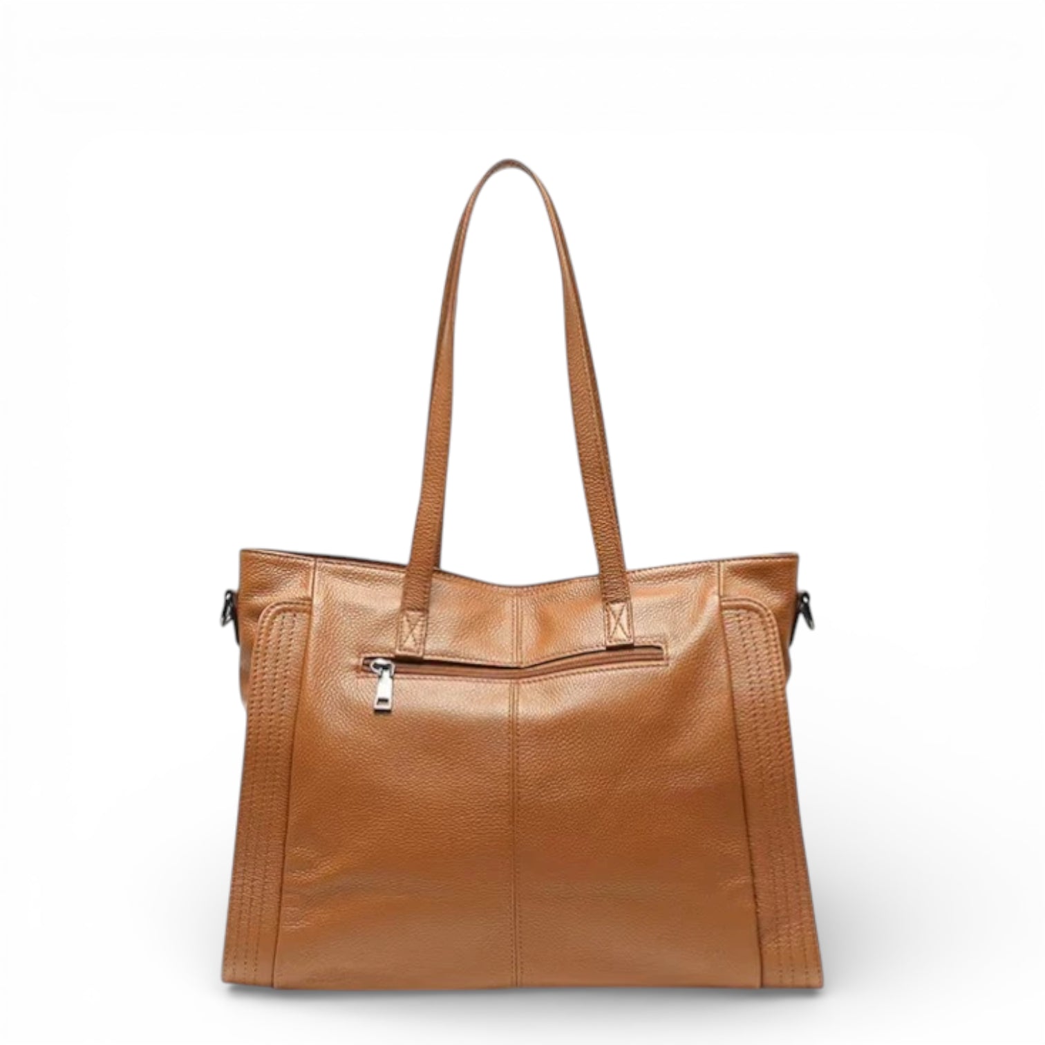 Bolsa feminina Eliana em couro legítimo marrom com bolso traseiro e zíper prático.