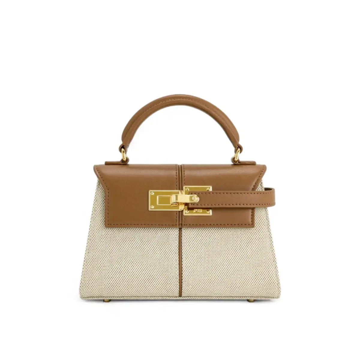 Bolsa feminina estruturada pequena em marrom e canvas bege, com detalhe de fecho dourado