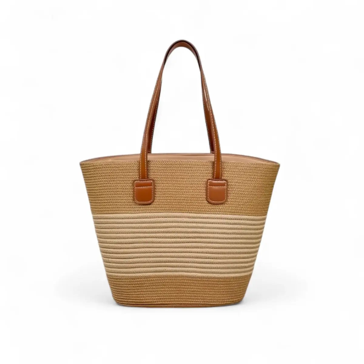Bolsa feminina grande de palha bicolor com alças marrons, ideal para praia e uso casual