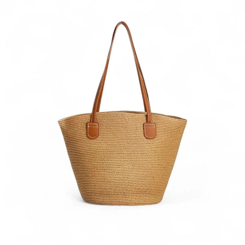 Bolsa feminina grande de palha natural com alças marrons, estilo minimalista.