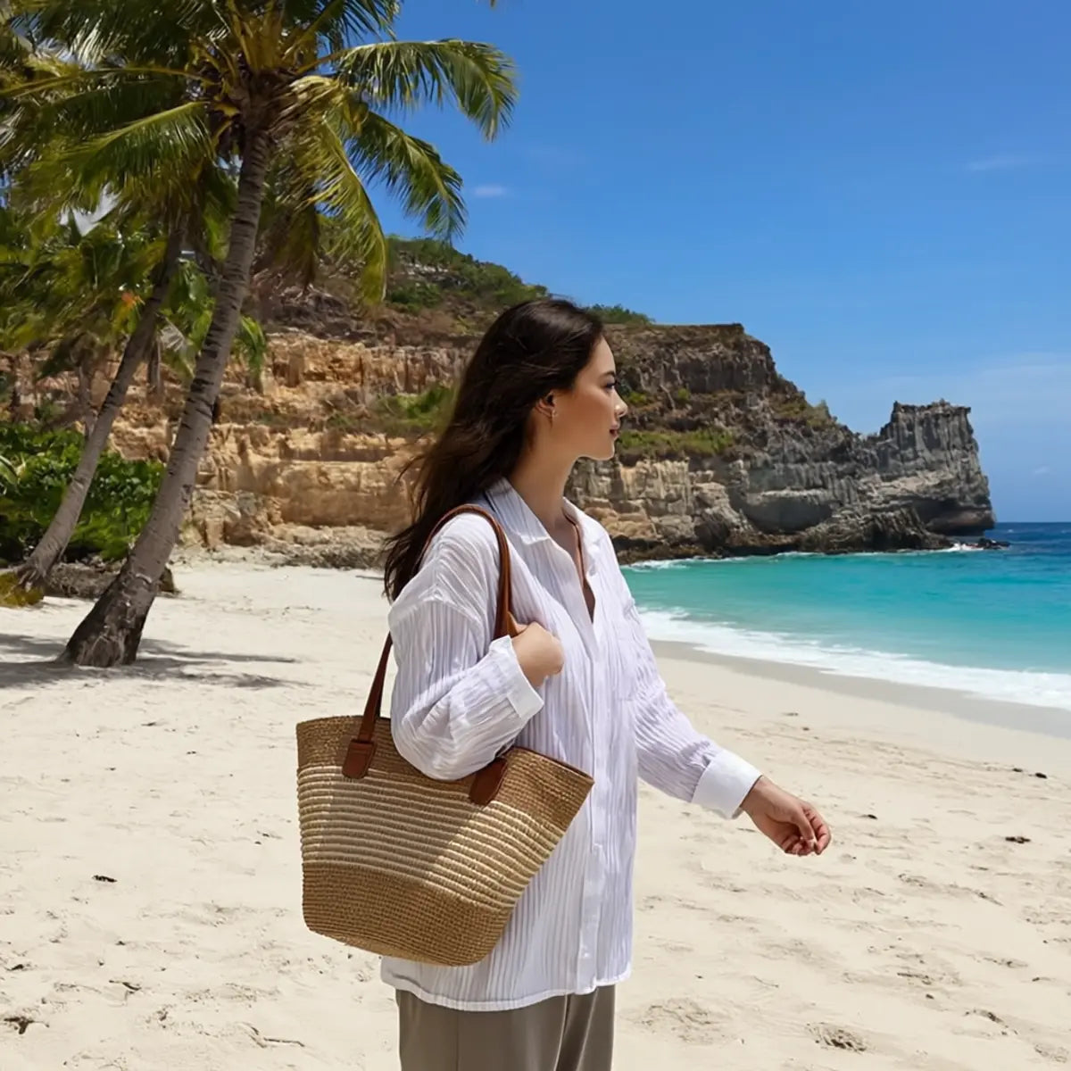 Mulher na praia usando bolsa feminina de palha bicolor com alças marrons, ideal para verão e viagens.