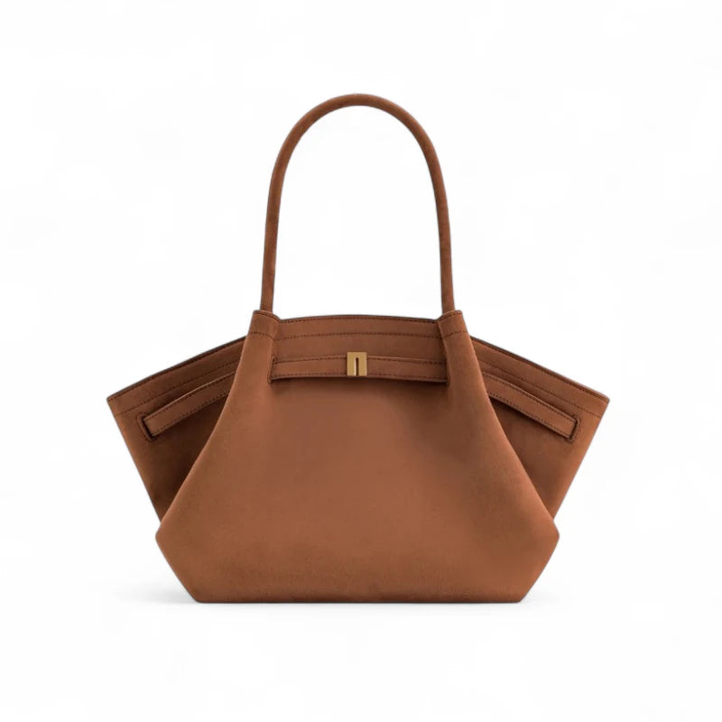 Bolsa feminina em couro genuíno PU, vista frontal com alças curtas e fechamento metálico dourado