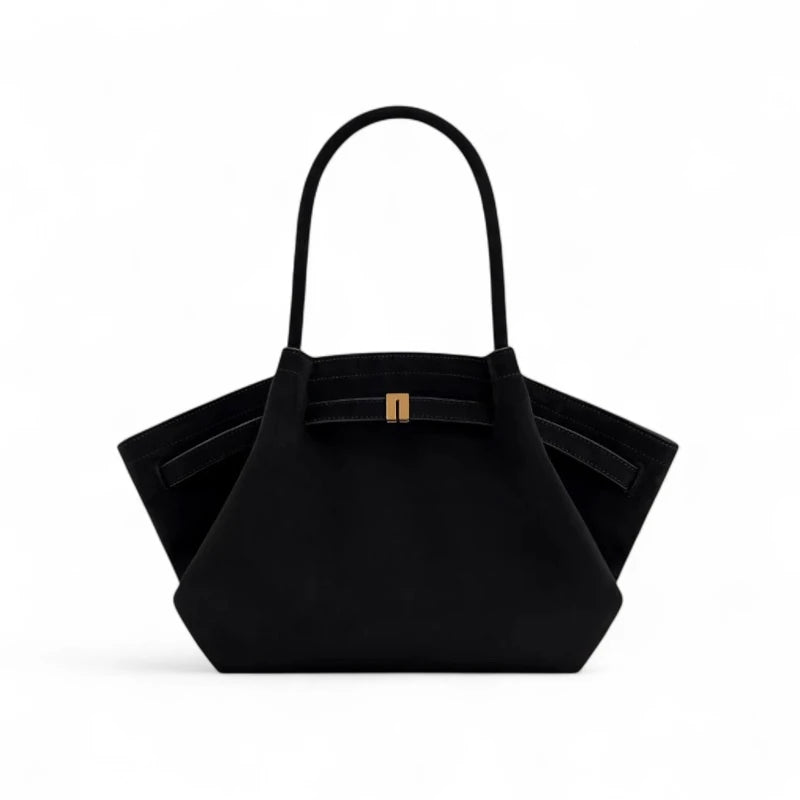 Bolsa feminina em couro PU preto, vista frontal com alças curtas e design geométrico estruturado