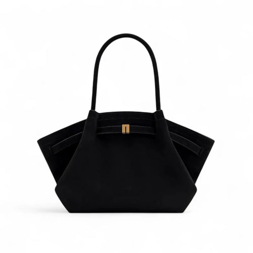 Bolsa feminina em couro PU preto, vista frontal com alças curtas e design geométrico estruturado