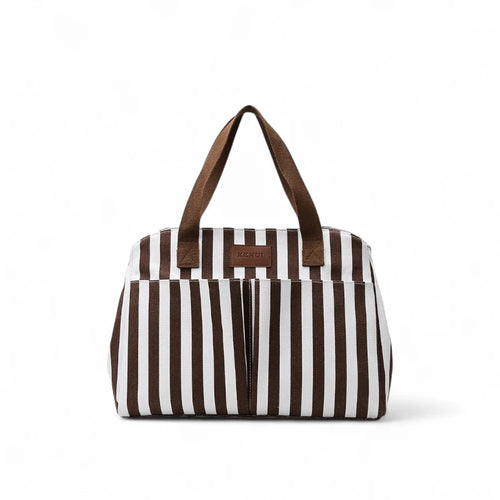 Bolsa feminina para trabalho e maternidade em tons neutros com listras marrom e branco. Alças confortáveis e acabamento resistente, ideal para uso no escritório ou passeios com bebê.