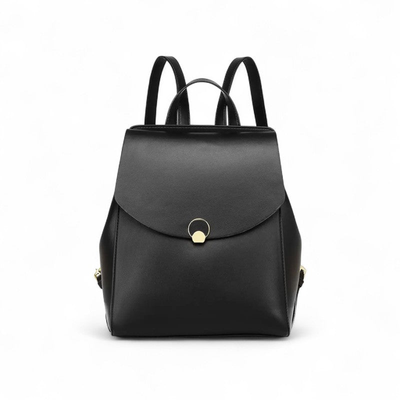 Bolsa mochila feminina de couro preta, elegante e espaçosa para uso casual ou trabalho.