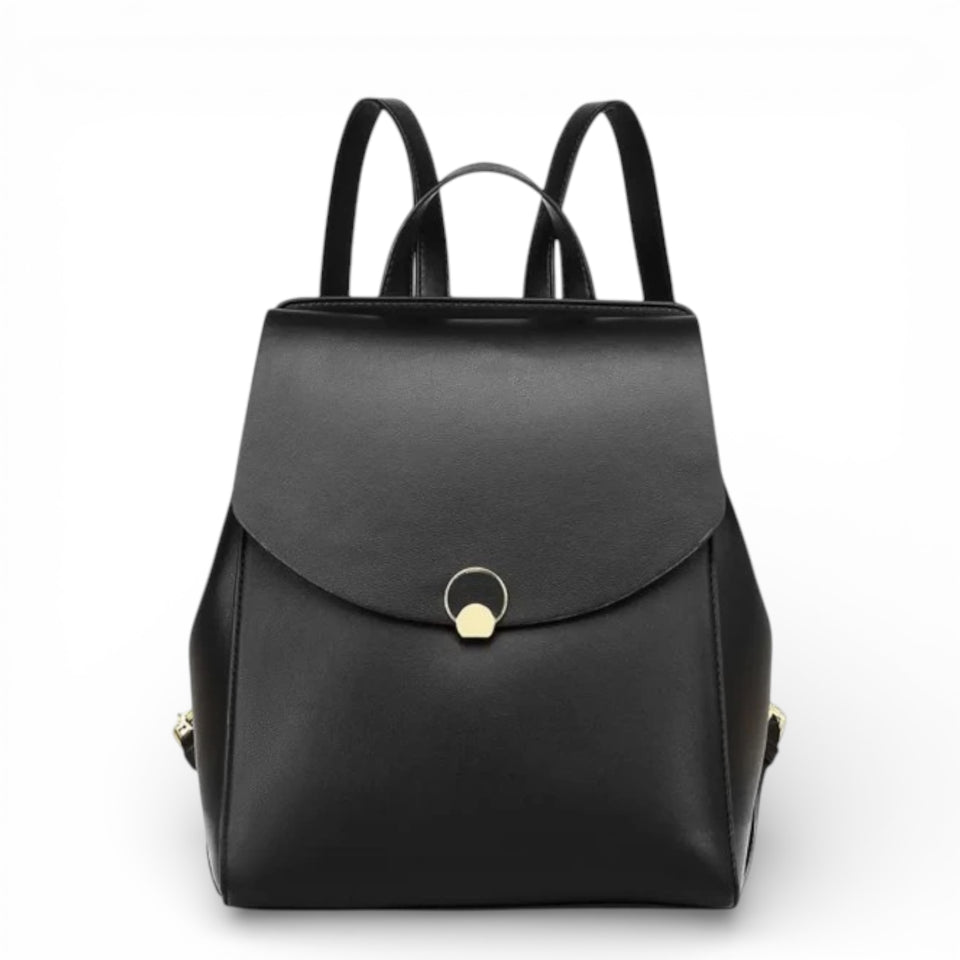 Bolsa mochila feminina de couro preta, elegante e espaçosa para uso casual ou trabalho.