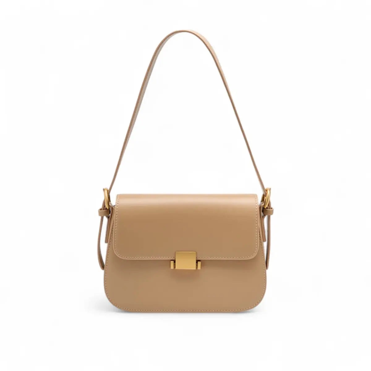 Bolsa transversal feminina bege com fecho dourado e alça ajustável em couro sintético.
