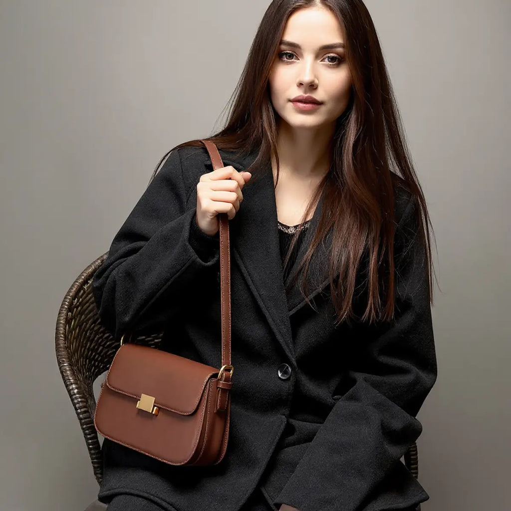 Mulher usando bolsa transversal feminina marrom com alça ajustável e fecho dourado.