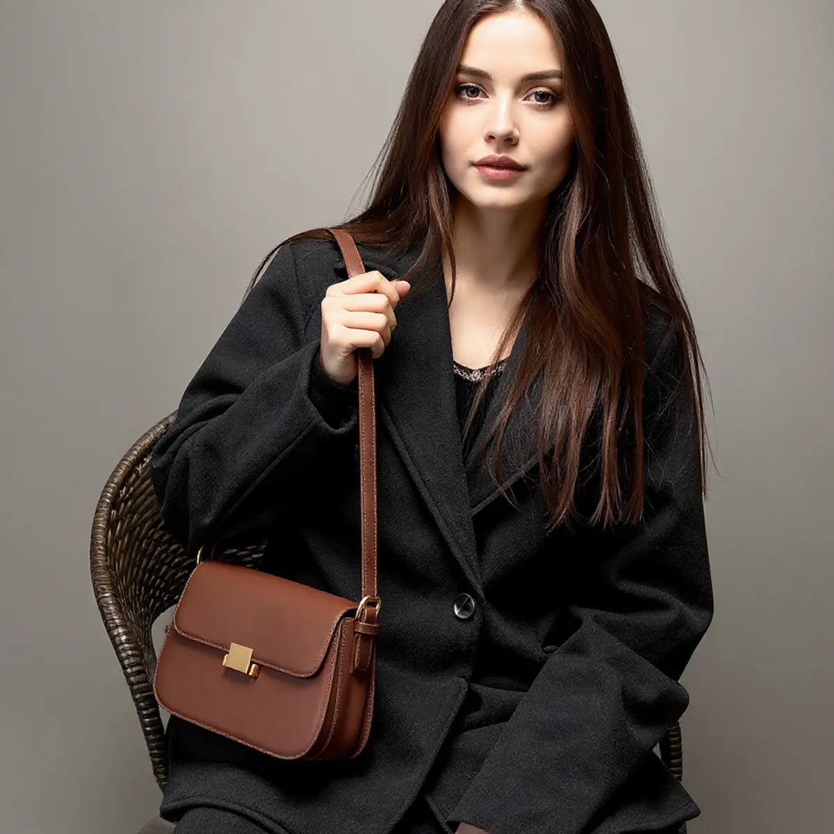 Mulher usando bolsa transversal feminina marrom com alça ajustável e fecho dourado.