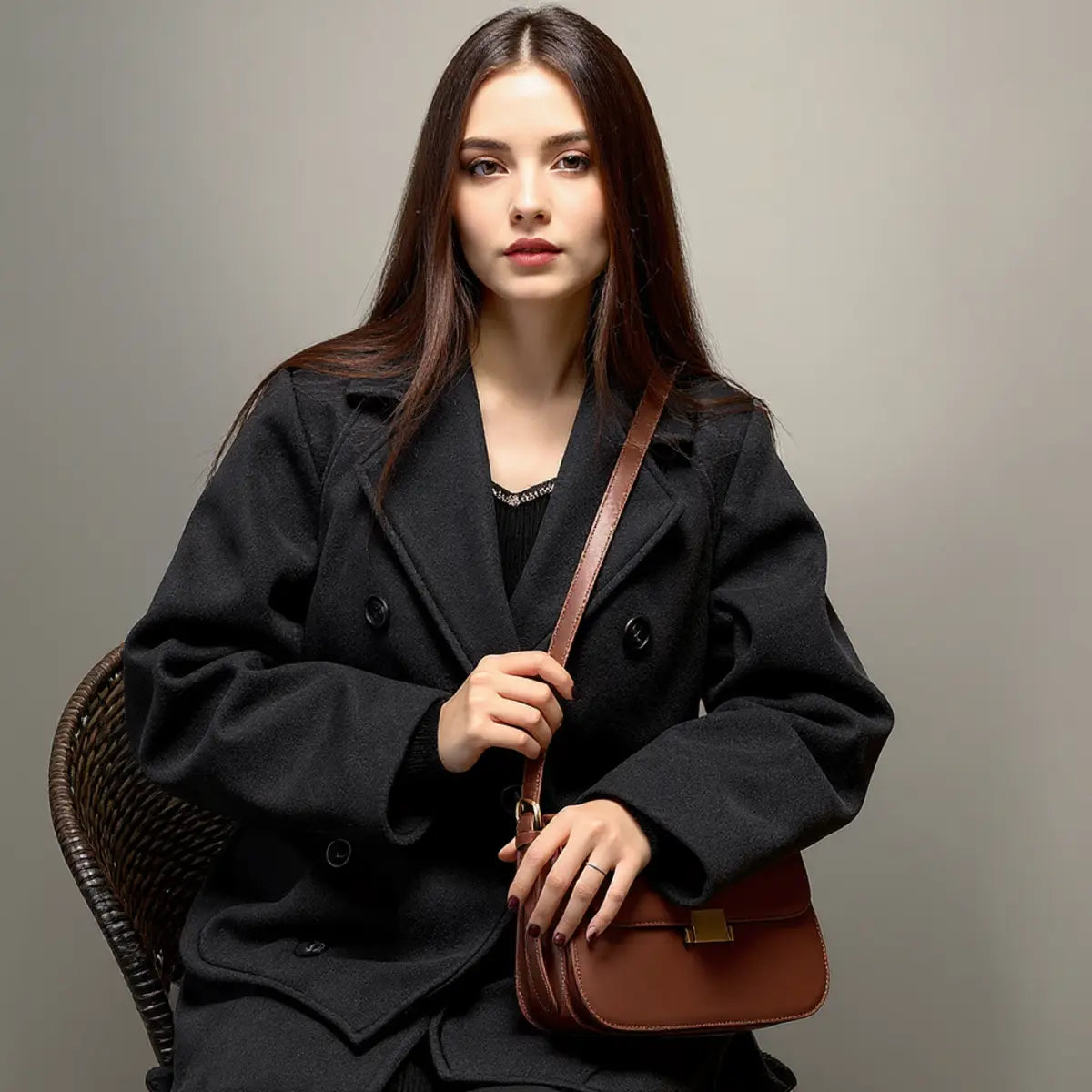 Modelo segurando bolsa transversal feminina marrom com alça de ombro e fecho metálico.