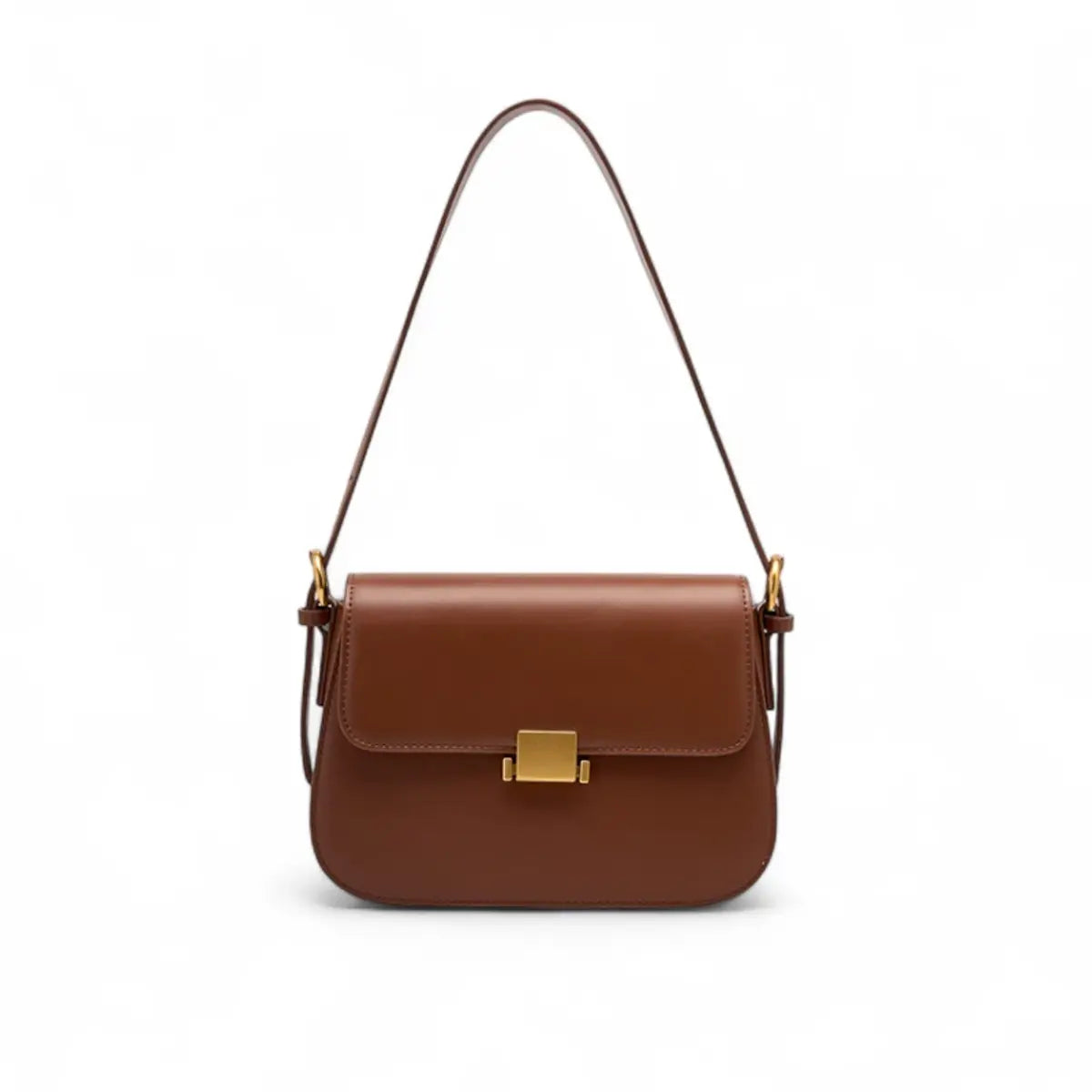 Bolsa transversal feminina marrom de tamanho médio com fecho dourado e alça ajustável.