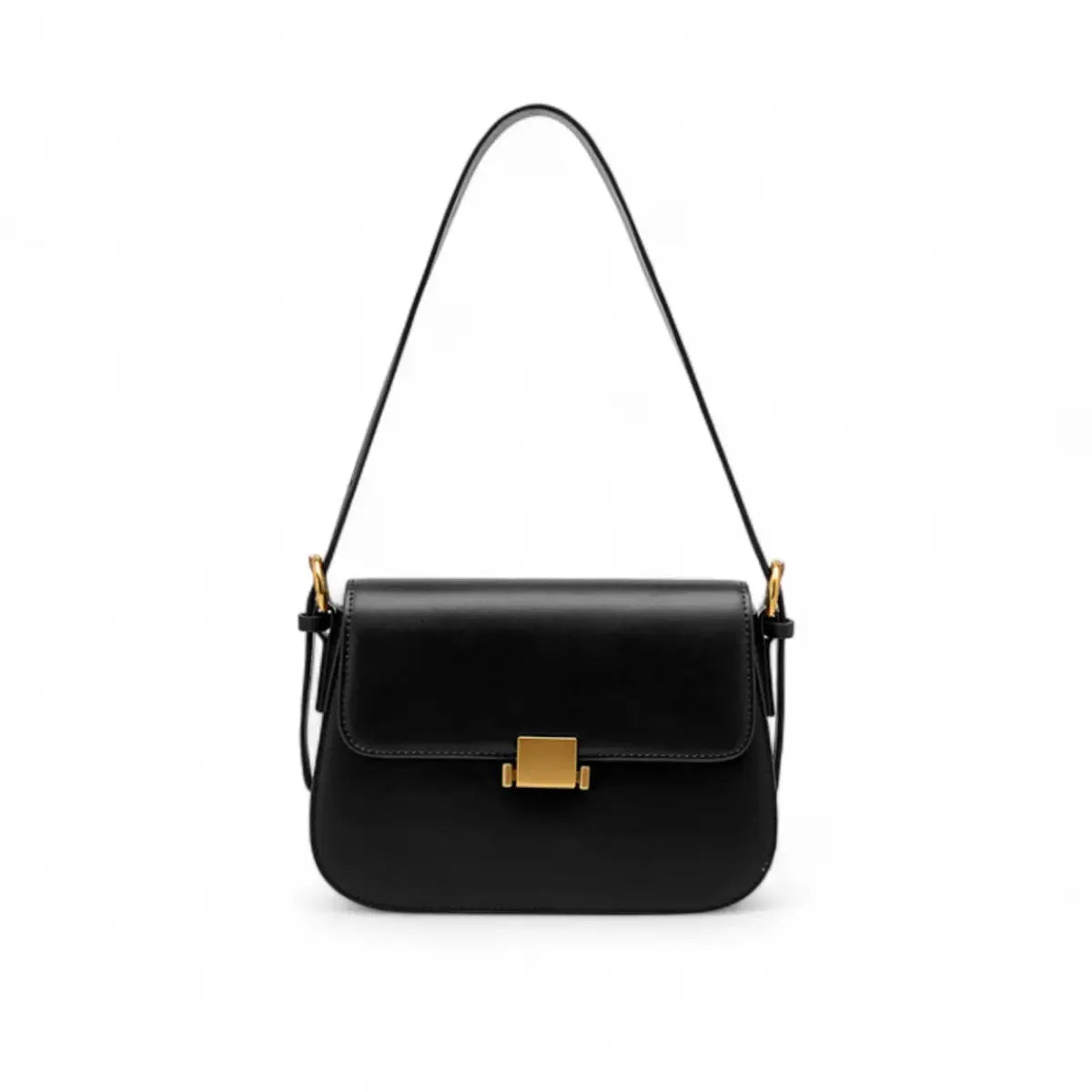 Bolsa transversal feminina preta clássica com fecho dourado, ideal para looks sofisticados.