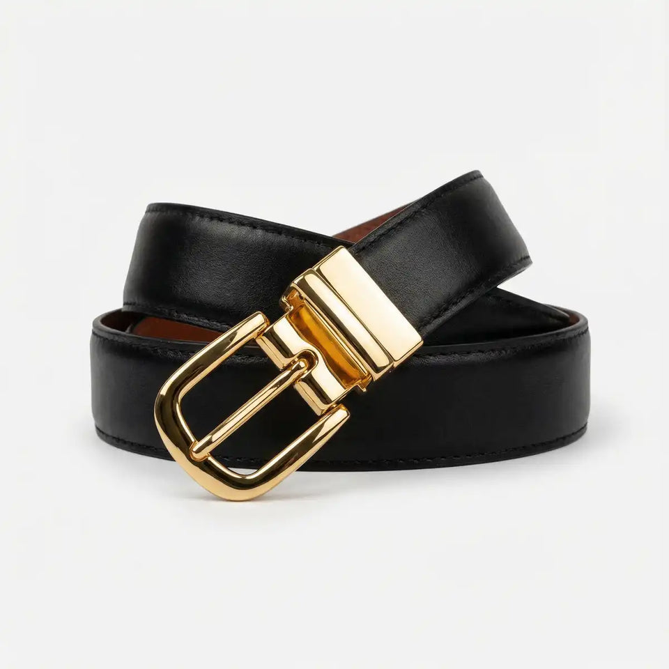 Cinto feminino de couro legítimo preto com fivela dourada premium Velucci