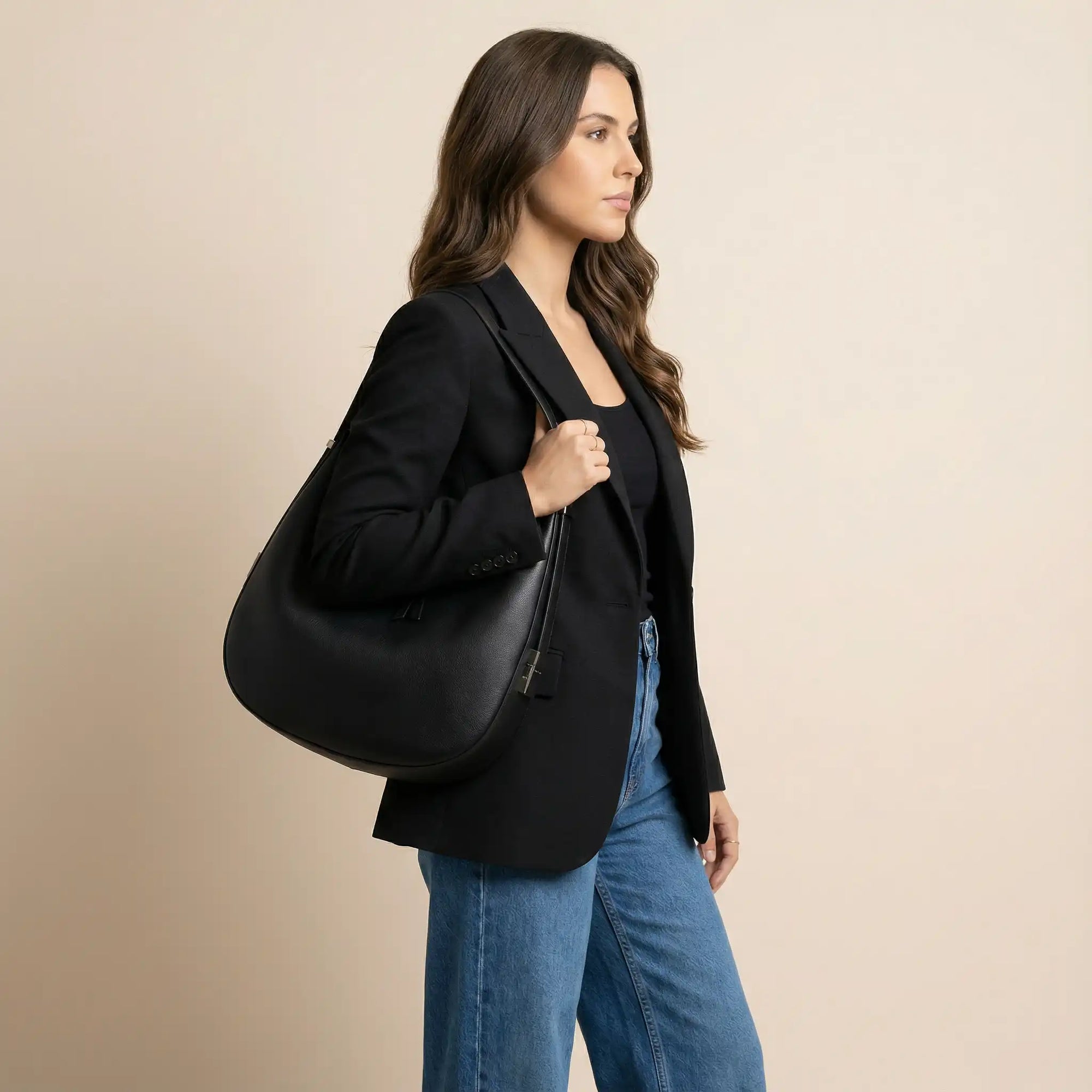 Bolsa Tote Hobo Feminina Nina – Couro Legítimo Preto