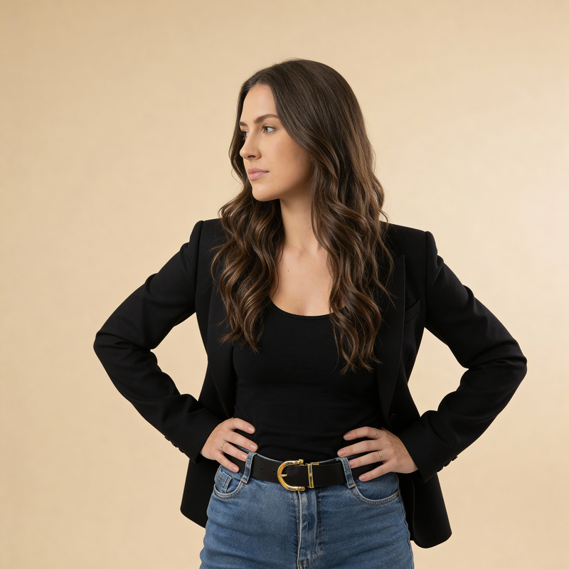 Modelo usando cinto feminino Stella Velucci em look casual