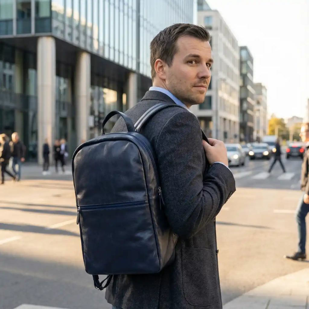 Mochila Couro Legítimo Premium Trabalho - Azul Marinho Unissex