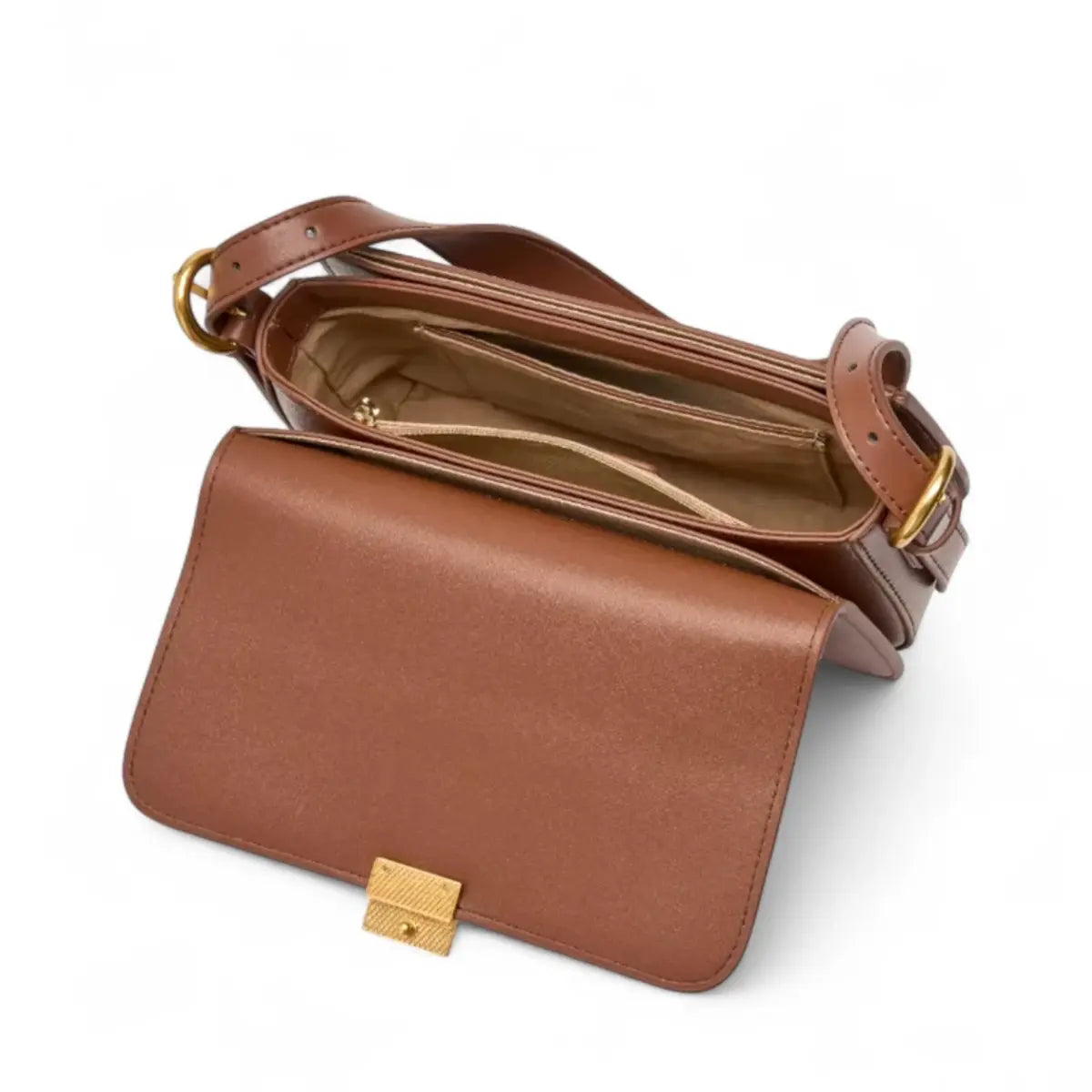 Interior de bolsa transversal feminina marrom com divisórias e bolso interno com zíper.
