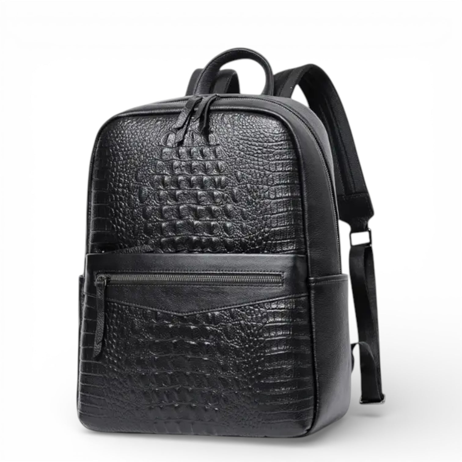 Mochila Aligator em couro legítimo preta com textura estilo crocodilo e bolso frontal com zíper.