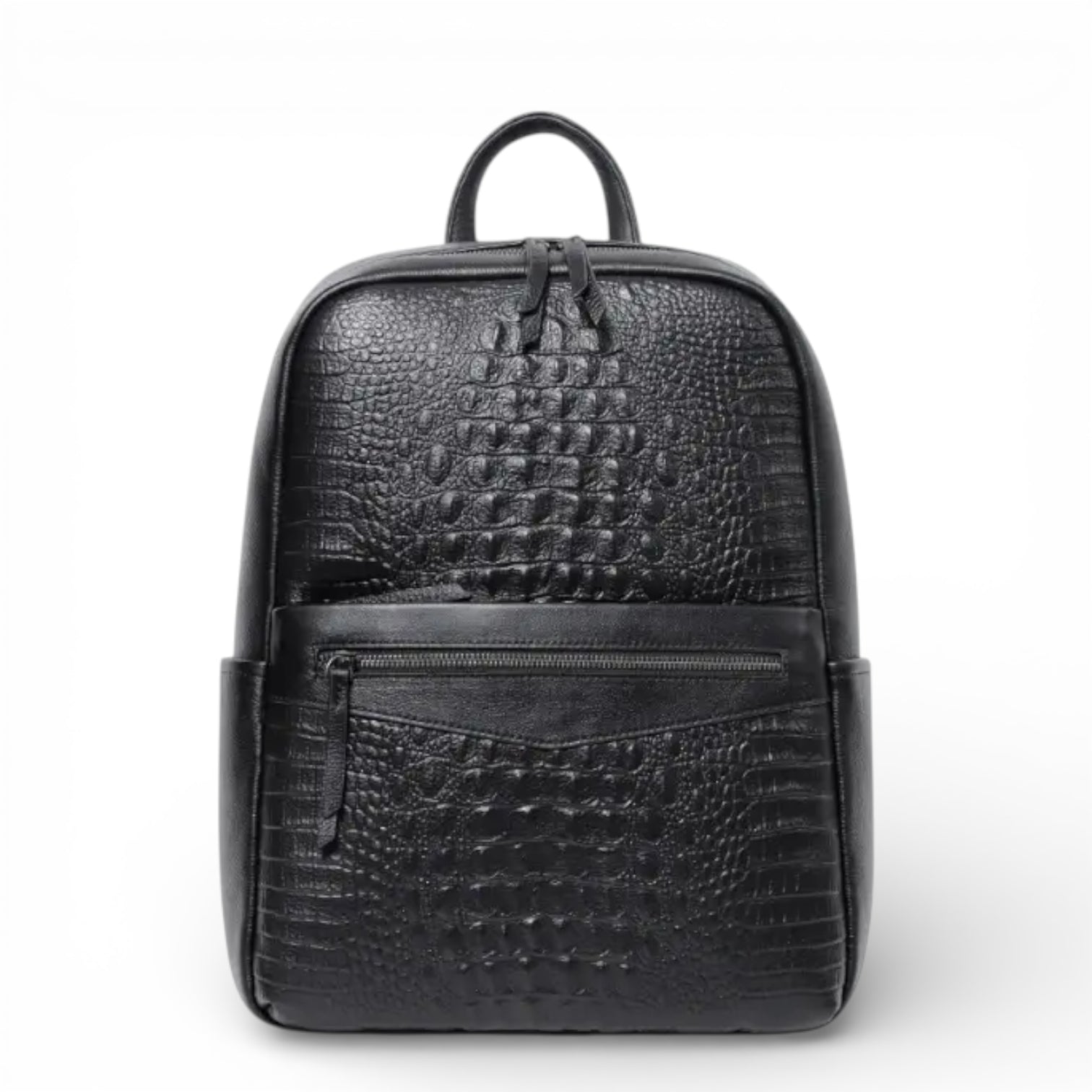 Mochila de couro legítimo preta Aligator, elegante, resistente e versátil para trabalho ou lazer.