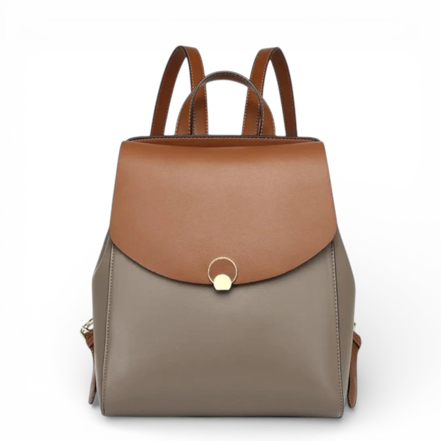 Mochila feminina de couro bege e marrom clara, design sofisticado e prático.