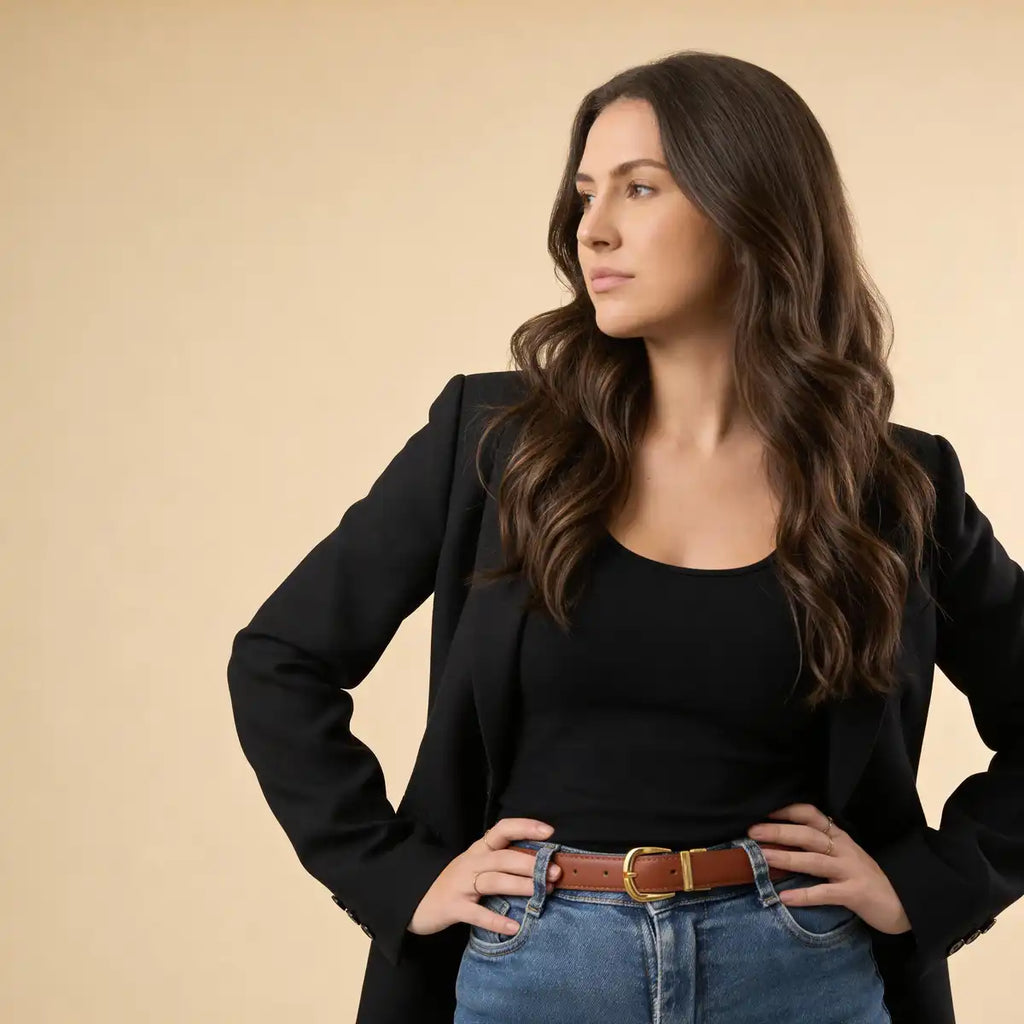 Mulher usando cinto de couro legítimo preto Velucci com calça jeans e blazer