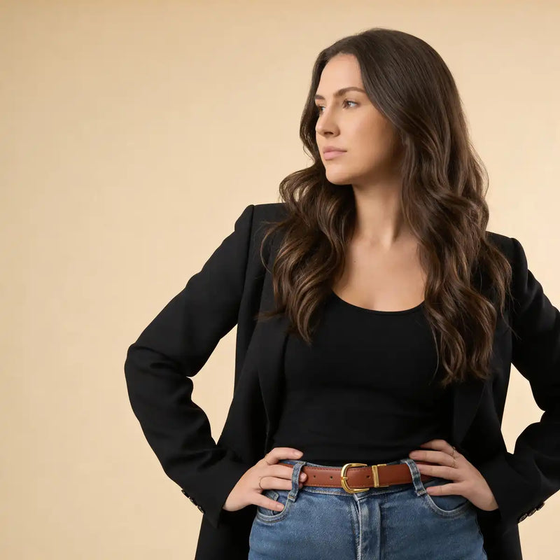 Mulher usando cinto de couro legítimo preto Velucci com calça jeans e blazer