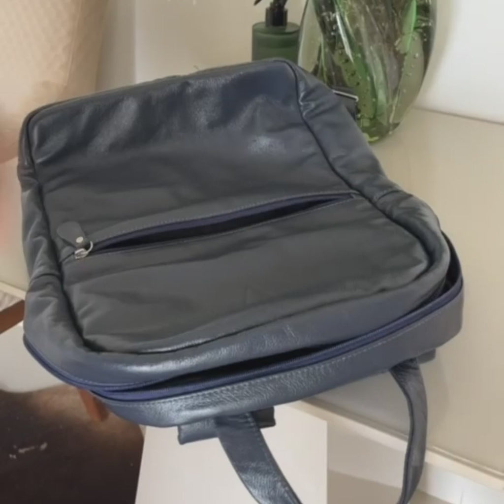 Mochila Couro Legítimo Premium Trabalho - Azul Marinho Unissex